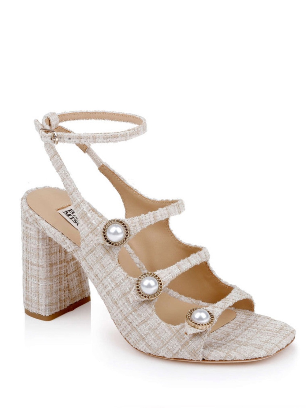 Badgley Mischka Vella Tweed Pearl Embellished Block Heel Sandals Size 5.5